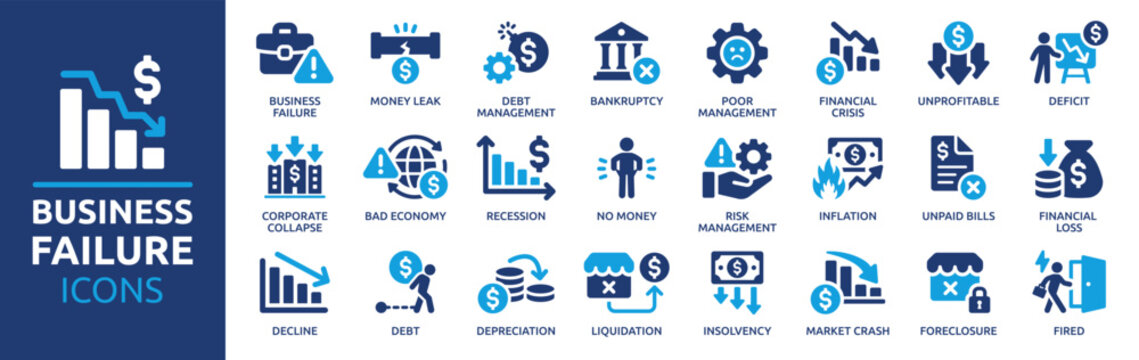 Business failure icon set. Containing bankruptcy, financial crisis, money leak, debt, no money, recession, unpaid bills and more. Solid vector icons collection.