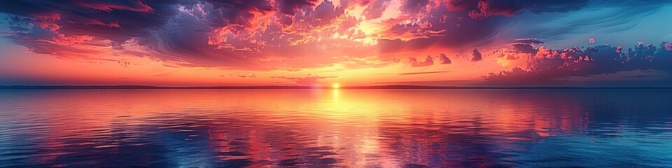Fototapeta premium Panoramic Sunset Over a Tranquil Lake with Vibrant Hues of Orange, Pink, and Purple Reflected on the Water