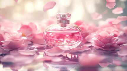 A glass perfume bottle surrounded by pink rose petals, creating a romantic atmosphere.