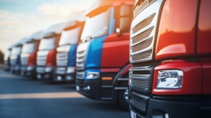 Naklejka premium A row of colorful trucks parked in a lot during sunset.