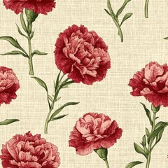 Vintage Carnation bouquet on vintage beige fabric background, seamless repeating pattern, textile print style, minimal, festive floral bouquet design, holiday decor, textiles 