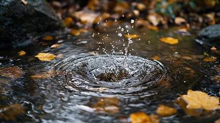 Autumnal Water Drop Impact in a Forest Puddle