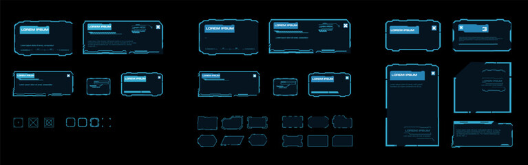 Modern set interactive elements blocks and frames for technological HUD interface. Vector set techno blocks and frames with information and data for communication and correspondence