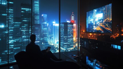 A man sits in a comfortable chair in a modern apartment, enjoying the view of a sprawling cityscape at night. He is using a tablet computer and watching a large screen TV.