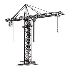 Tower crane In cartoon, hand-drawn flat style. image for social media, websites and UI. Isolated 2D vector design in logo, icon, sketch style, simple line vector, single color. AI Generative Art.