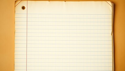Obraz premium A vintage, worn, and weathered lined notebook page, with yellowed paper, faded ink lines, and a few scattered coffee stains, set against a warm, soft, and calming background.