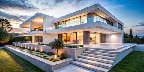 Obraz premium Modern White House Design Featuring Elegant Concrete Steps and Spacious Balcony, Perfect for Showcasing Contemporary Architecture and Outdoor Living Spaces in a Bright Atmosphere