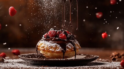 beautifully glazed pastry suspended upside down, with melted chocolate dripping in motion toward a plate. Sprinkles of powdered sugar and fresh berries float around it, dark chocolate background 