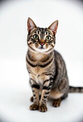 Obraz premium A charming and engaging portrait of a curious cat, sitting with its front paws tucked under its body and looking directly at the viewer with a bright and interested expression. The image is set agains
