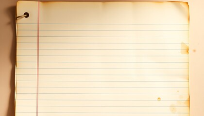 Obraz premium A vintage, worn, and weathered lined notebook page, with yellowed paper, faded ink lines, and a few scattered coffee stains, set against a warm, soft, and calming background.