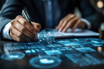 Businessman utilizing futuristic interactive hologram display for data analysis and business management, showcasing innovative technology