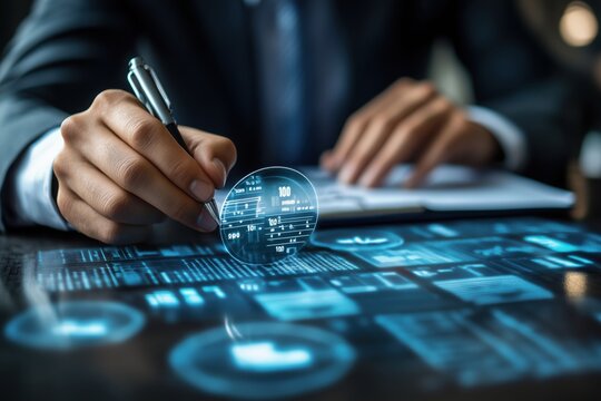 Businessman utilizing futuristic interactive hologram display for data analysis and business management, showcasing innovative technology