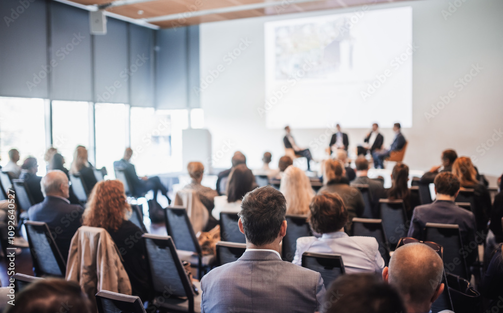Wall mural interview and round table discussion at business convention and presentation. audience at the confer