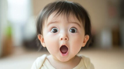 A surprised baby with wide eyes and an open mouth, expressing amazement or joy.