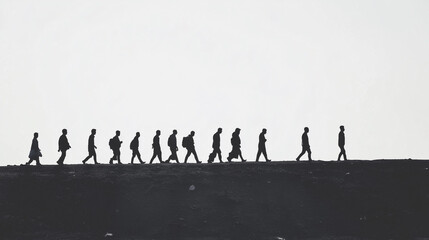 Silhouette of homeless immigrant refugees people walking on horizon