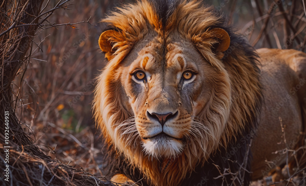 Poster lion is laying down in the grass. it has a long mane and a long tail