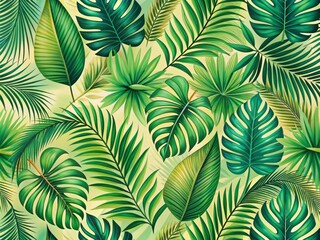  Pattern of Lush Palm Leaves in  Illustration for Modern Background Design, Perfect for Tropical Themes, Home Decor, Fashion, and Eco-Friendly Projects