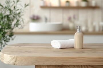 Tranquil spa-like setting with wooden soap dispenser and neatly rolled white towel on natural wood table in modern bathroom