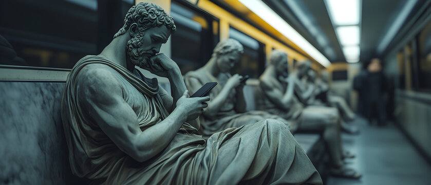 ancient mnn statues sitting in the metro and looking at mobile phone; concept of being tired, phone addiction, psychology, pattern, adult life, responsibilities, not living full life, cage