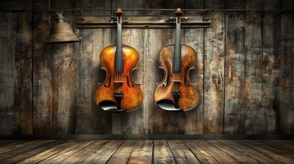 Vintage Violins Hanging on Rustic Wall in an Artistic Wood-Finished Room with Natural Light Creating a Warm and Inviting Atmosphere