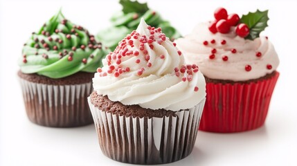 Decorated Christmas Cupcakes with Christmas Tree Shaped Icing and Sprinkles,  Festive Desserts Isolatedon White Background.