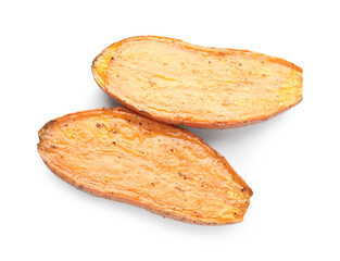 Halves of tasty cooked sweet potato isolated on white, top view