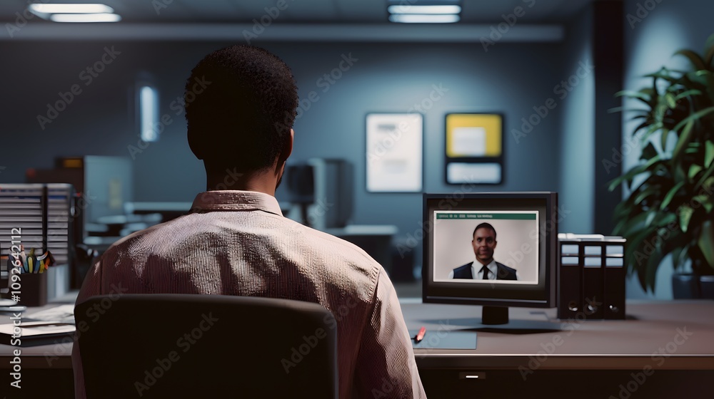 Poster virtual meeting interaction office digital content professional environment close-up view remote com
