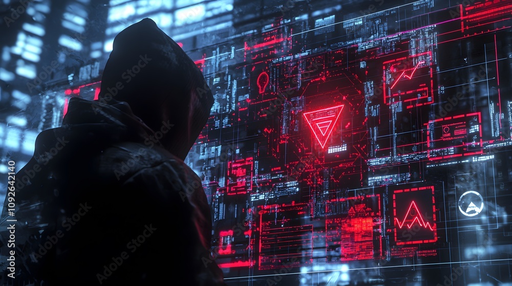 Poster Hacker analyzing data streams cyber city digital art high-tech environment close-up view cybersecurity concept