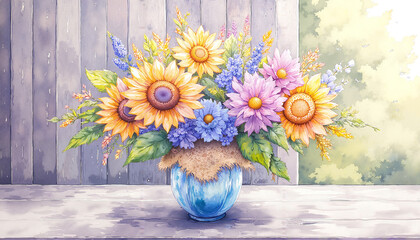 Vibrant floral arrangement with sunflowers and mixed flowers in a rustic vase on a sunny background