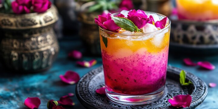 A colorful sharbat drink with rose petals and crushed ice, styled with a cultural Indian backdrop