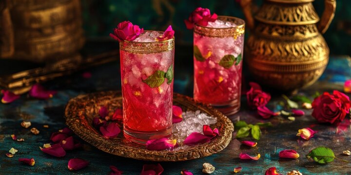 A colorful sharbat drink with rose petals and crushed ice, styled with a cultural Indian backdrop