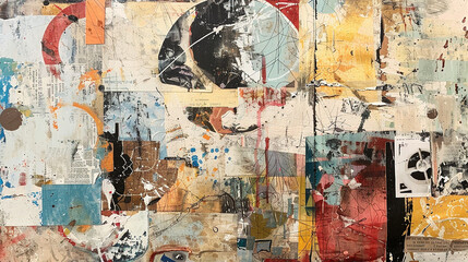 A mixed-media collage painting featuring a blend of painting, drawing, and collage techniques, creating a rich and textured surface full of depth and visual interest.