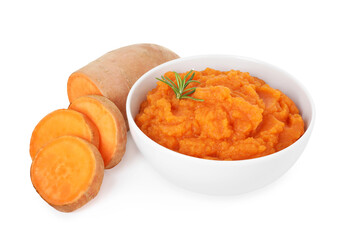 Tasty mashed sweet potato with rosemary in bowl and fresh cut vegetable isolated on white