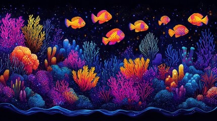 Vibrant Underwater Scene Featuring Colorful Fish and Lush Coral in a Mystical Deep Sea Environment with Bright Colors and Evocative Marine Life Detail