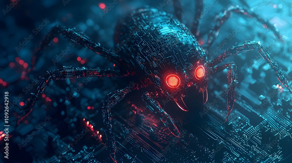 Aufkleber Digital invasion robotic spider cyber realm 3d render futuristic close-up technology