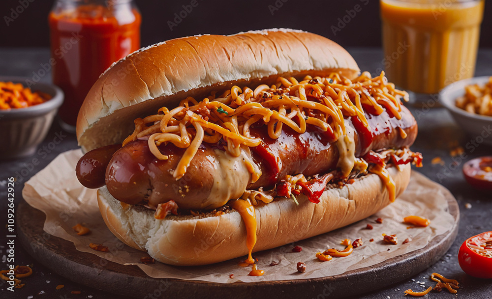 Poster hot dog with mustard and chili on it. it is sitting on a plate. there are several condiments on the 