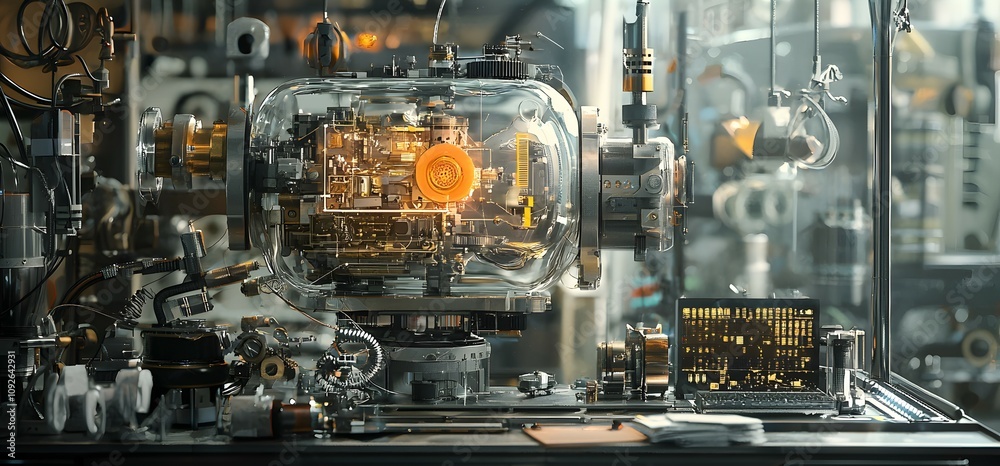 Poster innovative machine design technology lab digital artwork industrial setting close-up futuristic engi