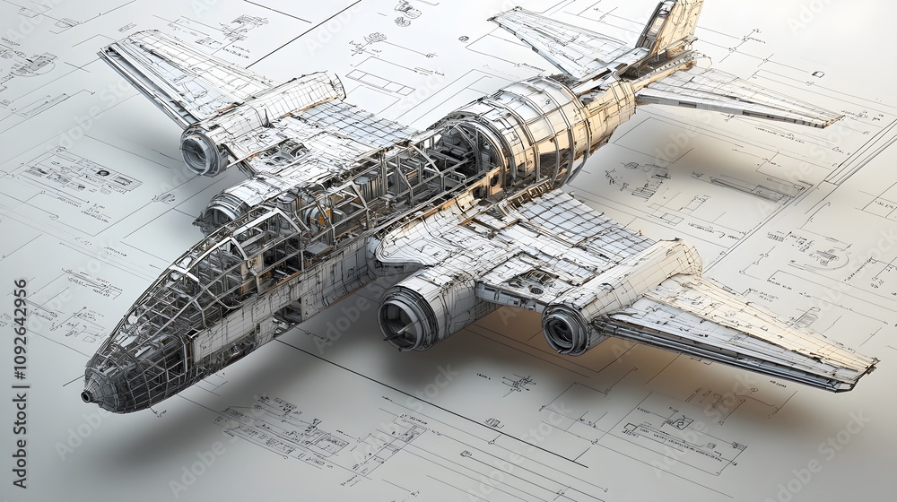 Aufkleber Aircraft design blueprint aerospace workshop technical illustration engineering space top-down view innovative concepts