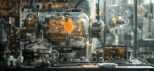 Innovative machine design technology lab digital artwork industrial setting close-up futuristic engineering