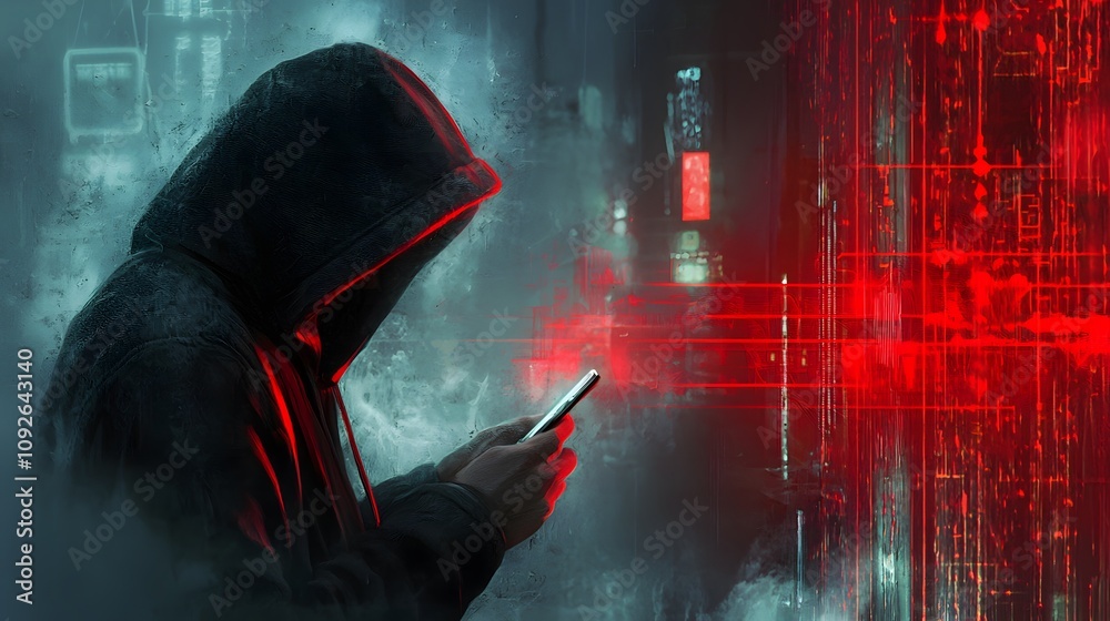 Poster Hacker manipulating data urban setting digital art cyber environment close-up view cybersecurity threat