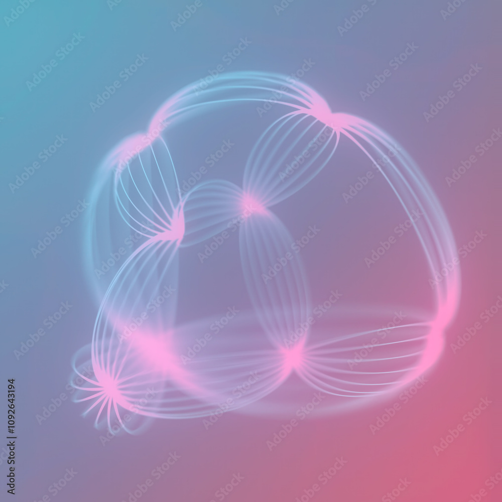 Poster Abstract digital illustration of a geometric figure of smooth oval shape composed of thin glowing lines in soft shades of pink and blue. 3d rendering