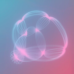 Obraz premium Abstract digital illustration of a geometric figure of smooth oval shape composed of thin glowing lines in soft shades of pink and blue. 3d rendering