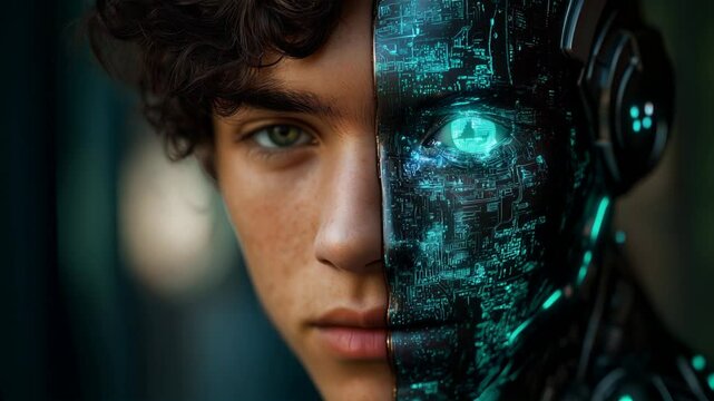 A detailed portrait blending human and cyborg features, with glowing green circuits and a futuristic design, symbolizing AI integration and transhumanism