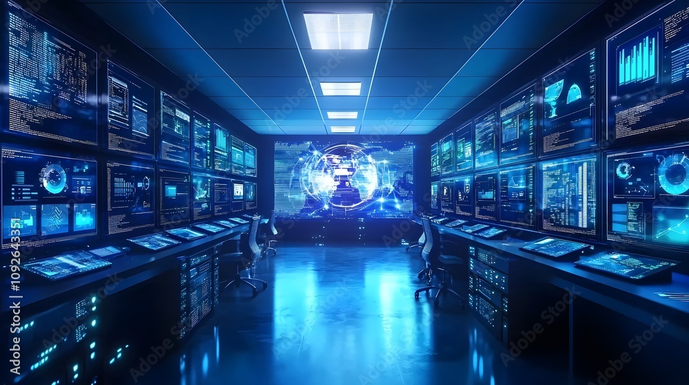 Poster Cybersecurity operations room data center digital environment high-tech display futuristic concept