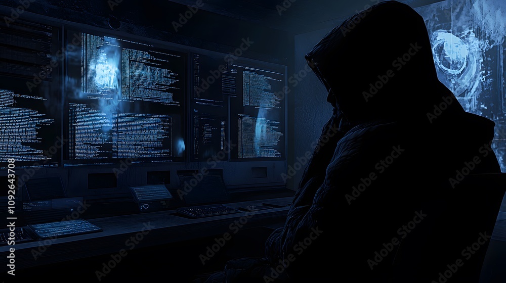 Aufkleber Hacker analyzing data dark room digital art cybersecurity side view intrigue