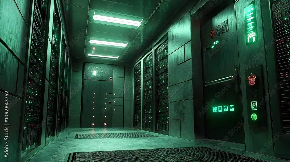 Poster data center operations high-tech facility digital infrastructure modern environment interior perspec
