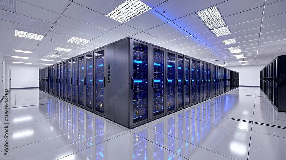 Poster Data center operations modern facility infrastructure high-tech environment wide-angle view information technology
