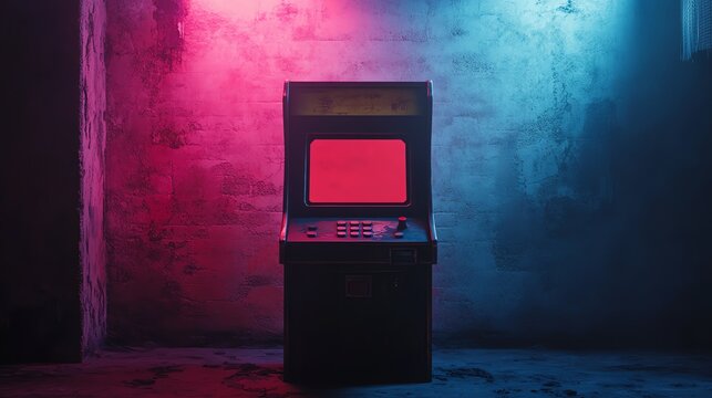 A vintage arcade game cabinet stands in a room with pink and blue lighting.