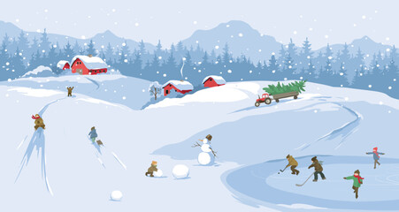 Fun winter games for children -- sledding and skating, Christmas time. Abstract winter rural landscape with old village. Freehand drawing, vector illustrations