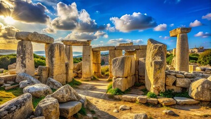 Stunning Daytime View of Malta's Ancient Megaliths: Exploring Dolmens, Obelisks, and Menhirs Under the Bright Sunlight of the Mediterranean Sky